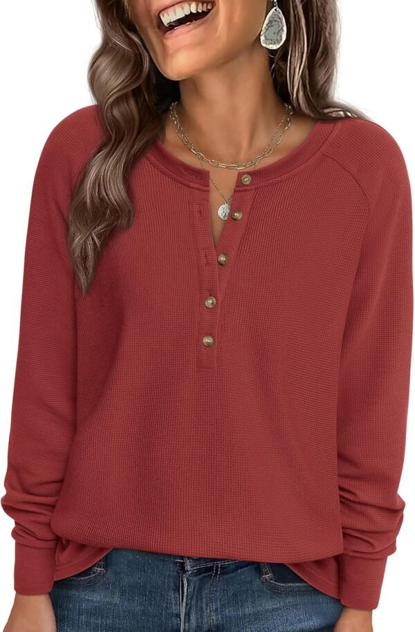 Women Long Sleeve Waffle Knit Shirts 2025 Fall Casual Button V Neck Loose Henley Tops Basic Tees Winter Clothes
