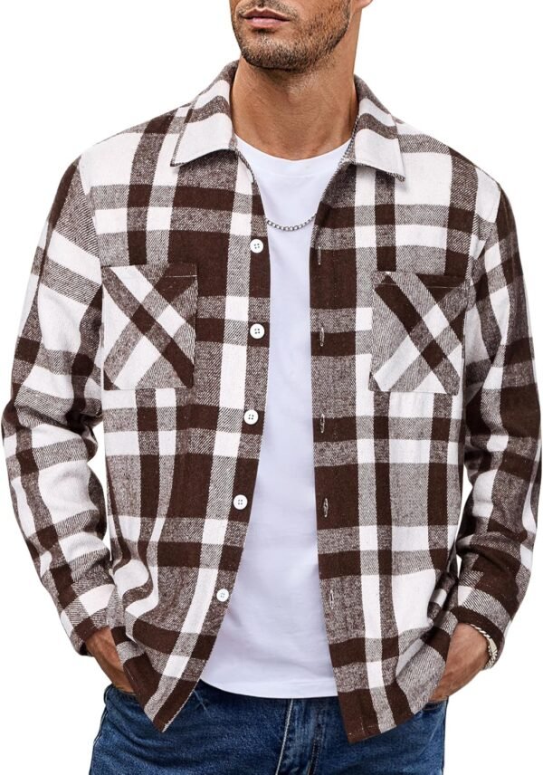 Men's Flannel Shirts Casual Button Down Plaid Shirt Jacket Long Sleeve Fleece Shacket with Pockets