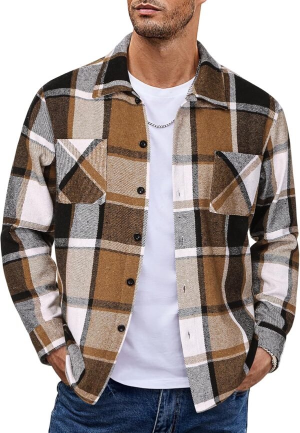 Men's Flannel Shirts Casual Button Down Plaid Shirt Jacket Long Sleeve Fleece Shacket with Pockets
