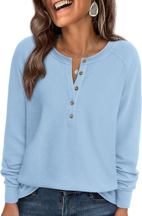 Women Long Sleeve Waffle Knit Shirts 2025 Fall Casual Button V Neck Loose Henley Tops Basic Tees Winter Clothes