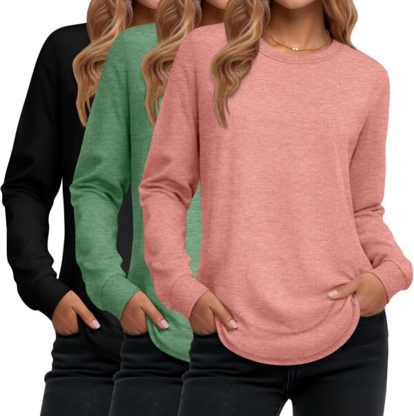 Women's Long Sleeve Shirts, Cotton Crew Neck Tunic Tops Casual Loose Fit Pullover Sweatshirts Curved Hem Shirts