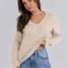 Womens Long Sleeve Cable Knit Sweater 2025 Fall Fashion V Neck Fitted Pullover Top Business Casual Work Fall Outfits