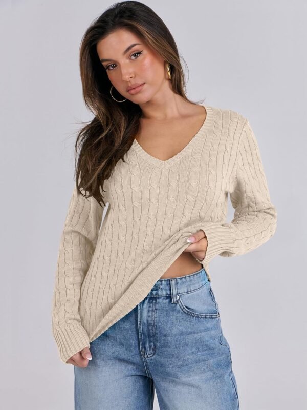 Womens Long Sleeve Cable Knit Sweater 2025 Fall Fashion V Neck Fitted Pullover Top Business Casual Work Fall Outfits