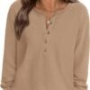 Women Long Sleeve Waffle Knit Shirts 2025 Fall Casual Button V Neck Loose Henley Tops Basic Tees Winter Clothes