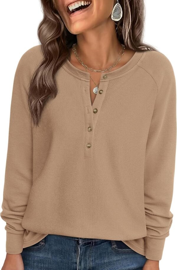 Women Long Sleeve Waffle Knit Shirts 2025 Fall Casual Button V Neck Loose Henley Tops Basic Tees Winter Clothes