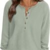 Women Long Sleeve Waffle Knit Shirts 2025 Fall Casual Button V Neck Loose Henley Tops Basic Tees Winter Clothes