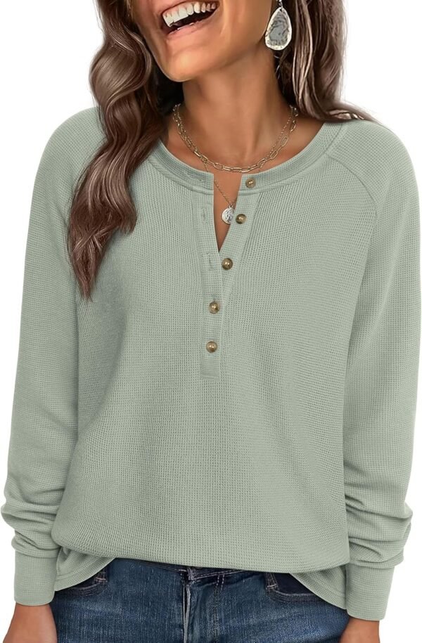 Women Long Sleeve Waffle Knit Shirts 2025 Fall Casual Button V Neck Loose Henley Tops Basic Tees Winter Clothes