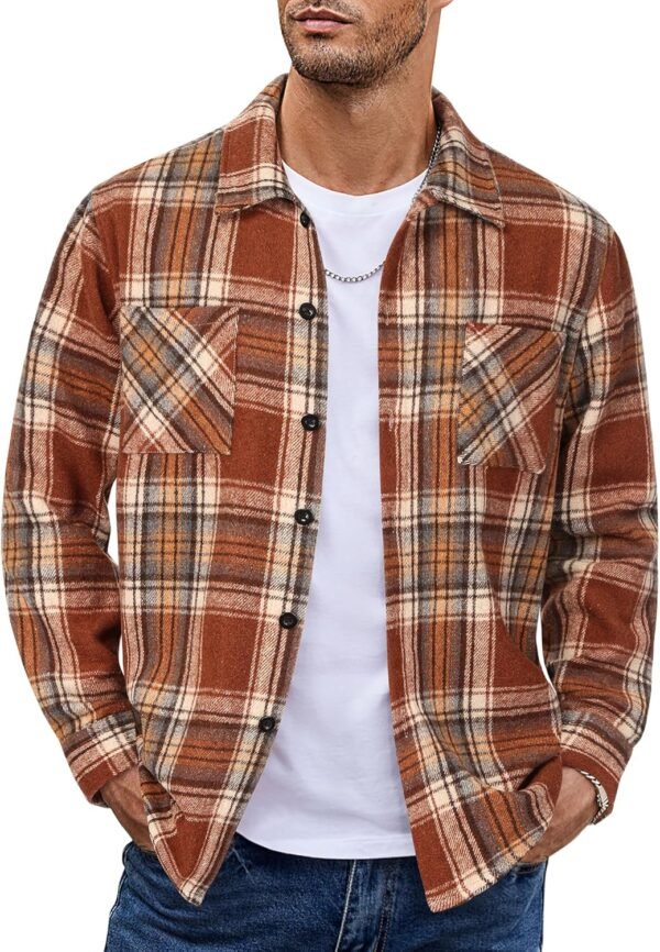 Men's Flannel Shirts Casual Button Down Plaid Shirt Jacket Long Sleeve Fleece Shacket with Pockets